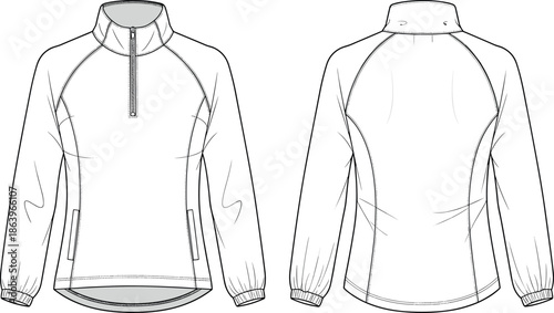 Women's quarter zip activewear jacket technical fashion flat sketch with raglan sleeves and princess seams for apparel design and vector templates.