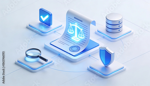 Futuristic 3d digital legal document illustration with glowing scales of justice check mark magnifying glass security shield and database icons for law and compliance technology