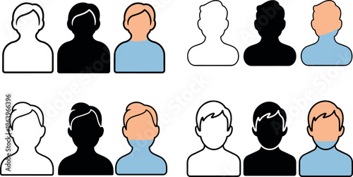 Set of various human profile icons in different colors and styles for user identification and representation