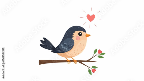 Cute little bird sitting on a branch with a heart symbol above.