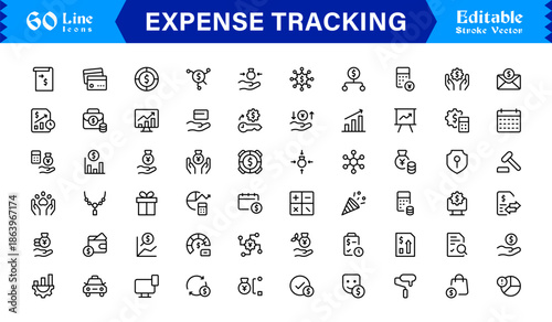 Expense Tracking and Budgeting Tools – Professional Line Icon Set Featuring Modern, Minimal, Editable Financial Symbols for Accounting, Finance, and Money Management