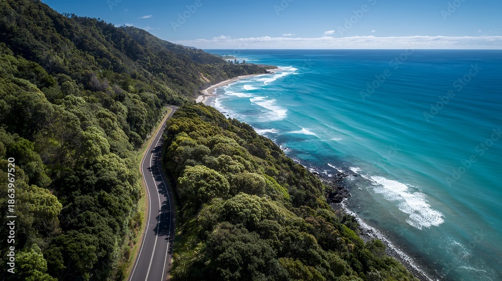 Obraz premium Scenic coastal highway winding through lush forested cliffs beside turquoise ocean