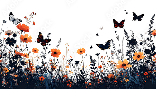 Nature-themed silhouettes of wildflowers, meadows, and butterflies, blooming elements on a clean white background.