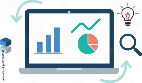 Exploring data insights and analytics on a laptop for informed decision-making Vector, illustration