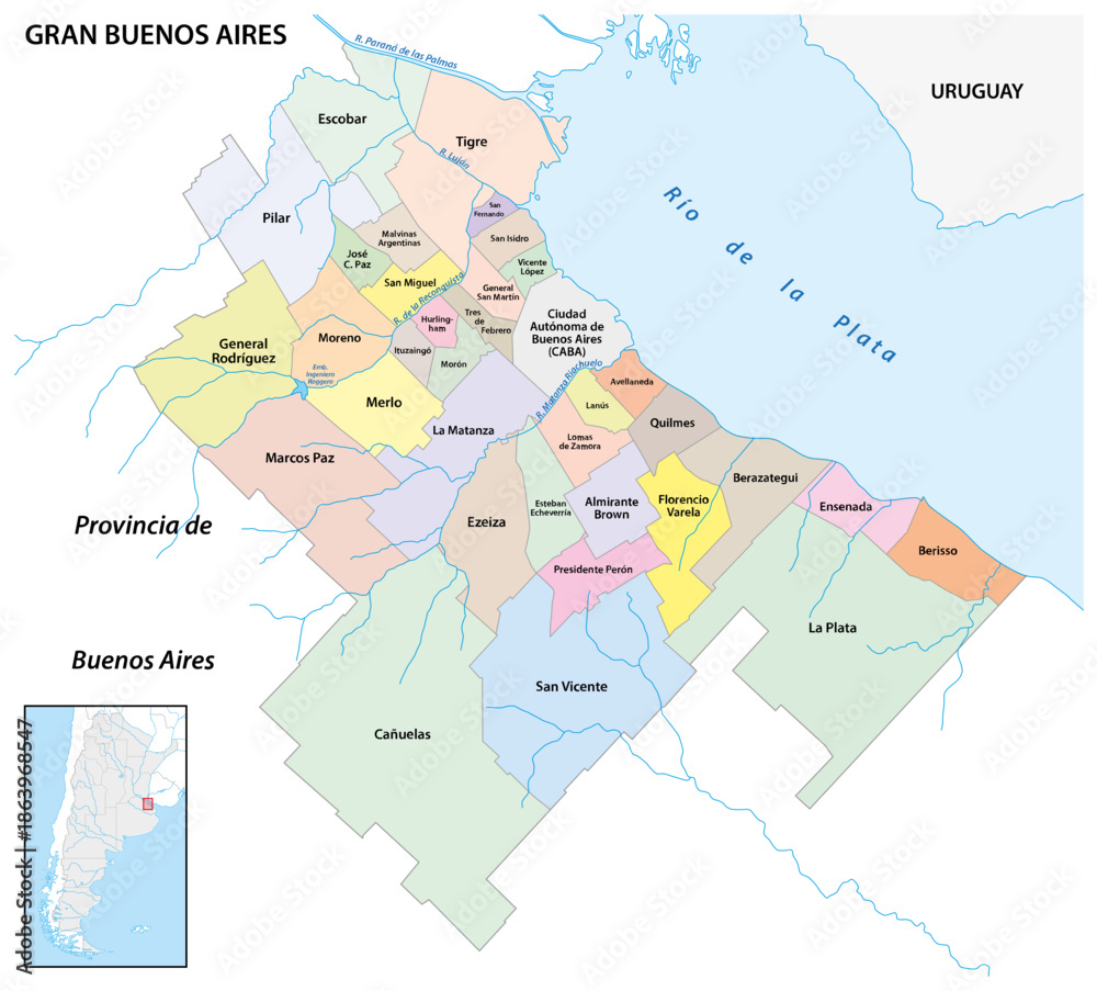 Fototapeta premium Administrative map of the Buenos Aires Metropolitan Area, AMBA, Argentina