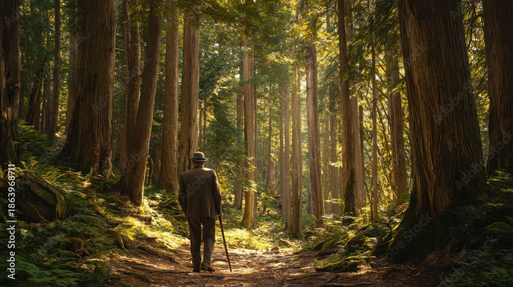 Obraz premium Man Walking Through Serene Forest Path Surrounded by Tall Trees