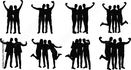 Silhouettes of diverse groups taking selfies, friends capturing happy moments with smartphones, people posing together for photos, isolated vector illustration on white background