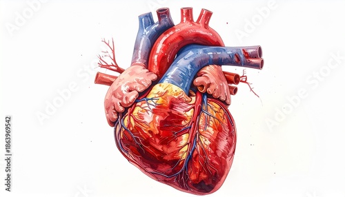 Human Heart: Detailed and vibrant illustration of a human heart, capturing its intricate anatomical structure and showcasing the essence of life and health.