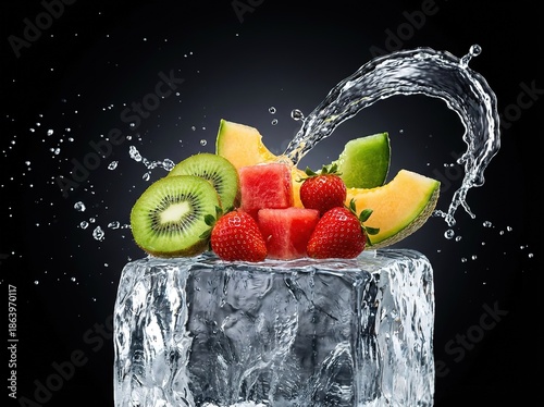Fresh and dynamic! Vivid - colored fruits with water droplets on transparent ice, water splashing. Dark background and bright, sharp lighting highlight the vitality of ingredients.
