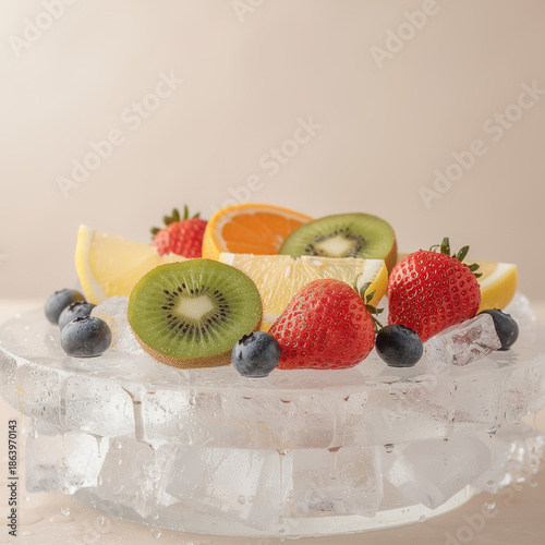 Fresh and dynamic! Vivid - colored fruits with water droplets on transparent ice, water splashing. Dark background and bright, sharp lighting highlight the vitality of ingredients.