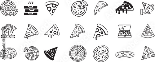 Black and white vector icon set of pizza slices, boxes, whole pies, and serving gestures in varied styles