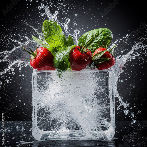 Fresh and dynamic! Vivid - colored ingredients with water droplets on transparent ice, water splashing. Dark background and bright, sharp lighting create a vibrant atmosphere.