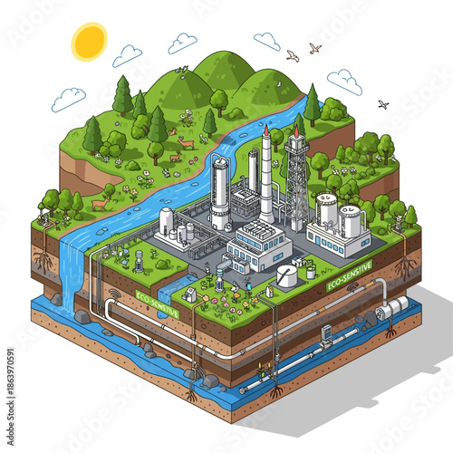 Isometric cross-section of an industrial complex with factories, pipelines, and natural landscape elements like a river, hills, and trees, showing both above-ground and underground infrastructure.