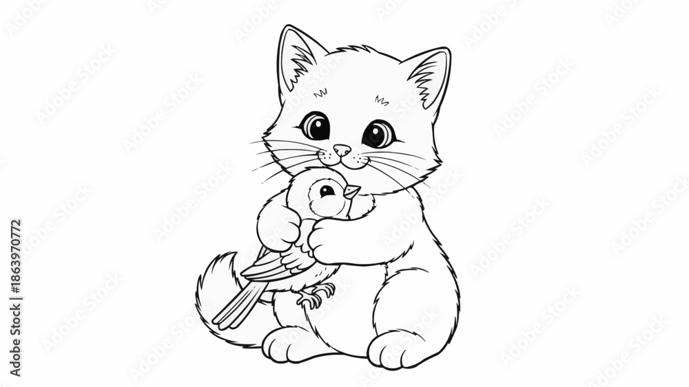 Obraz premium Cute cartoon kitten hugging a small bird illustration.