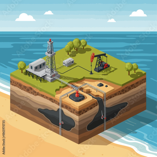 Isometric illustration of oil and gas extraction process showing offshore platform, land pumpjack, pipelines, and underground reservoirs.