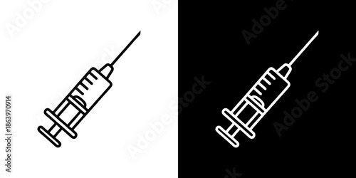 Medical Syringe Icons A Simple Outline Drawing of a Vaccination Tool on White and Black Backgrounds, Representing Healthcare and Medicine