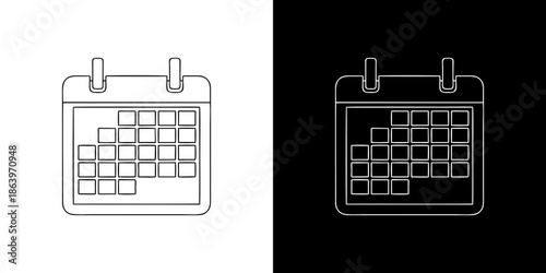 Calendar icon, representing daily planning and scheduling, depicted in a clean, minimalist line art style on both black and white backgrounds for versatility in design