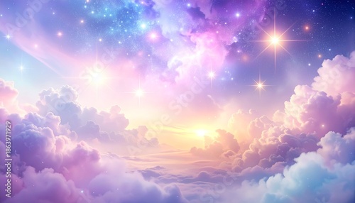 Serene clouds float gently across a vibrant pastel sky filled with twinkling stars and a radiant sunrise