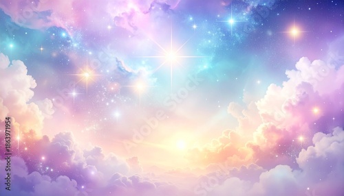 A serene and vibrant sky with pastel clouds and stars shining brightly in a dreamy atmosphere viewed from below