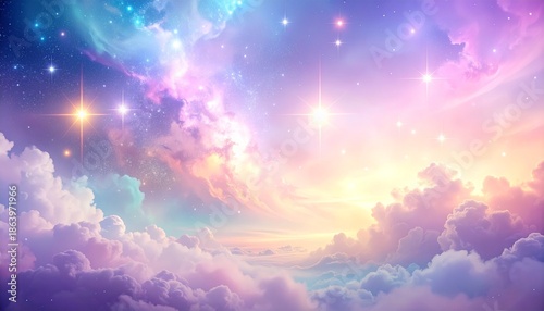 A surreal cloudscape with vibrant colors and radiant light from above, viewed from a serene and dreamy perspective