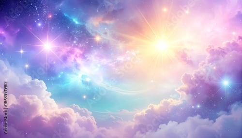 A breathtaking view of clouds illuminated by a radiant sun shining brightly in a vibrant sky