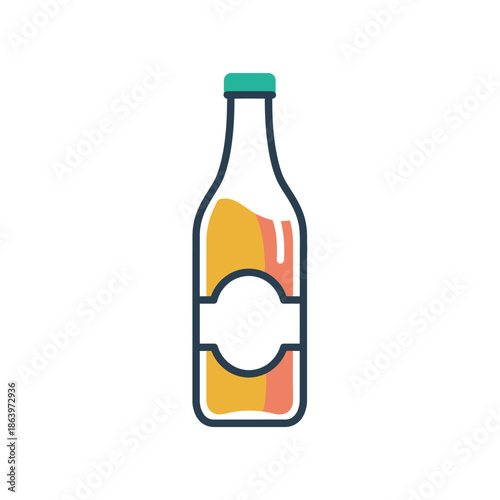 Flat design icon of a glass bottle with yellow liquid and blank label, isolated on white background.