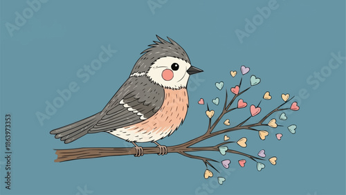 Cute cartoon bird sitting on a branch with heart shaped leaves.