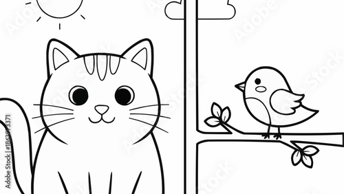 Cute cartoon cat and bird illustration for coloring.