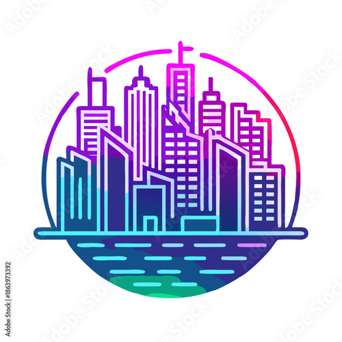 Neon Line City Skyline Icon