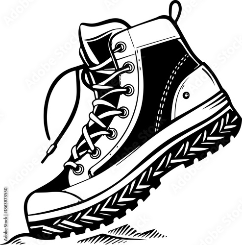 Hiking Boot – Black and White Outdoor Footwear Illustration
