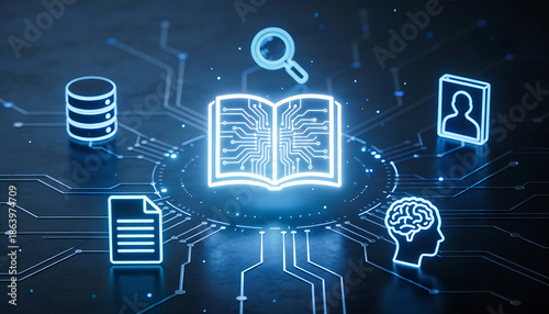 3d futuristic digital illustration of glowing blue open book with circuit patterns representing artificial intelligence education machine learning data library and smart study
