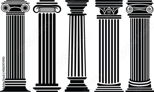 Classic Greek Pillar, Greek column silhouette. Ancient pillars Greek stylized decorative columns for museum historical exhibition recent vector flat symbols set isolated