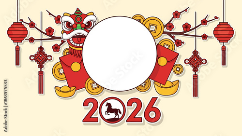 Chinese New Year Celebration Vector Asset Featuring Traditional Decorations and Lunar Calendar Symbolism