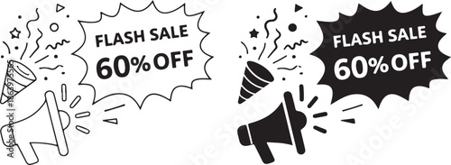 Flash sale 60 percent off announcement megaphone isolated on white background, Vector, illustration