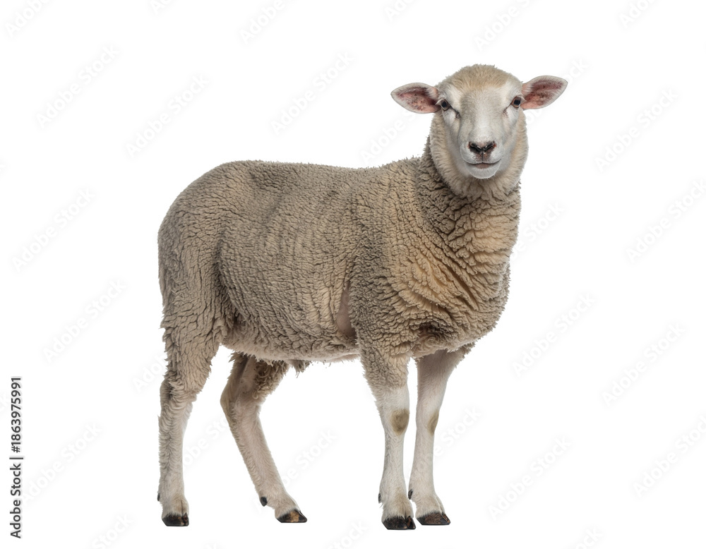 Fototapeta premium Sheep with thick woolly coat standing against white background