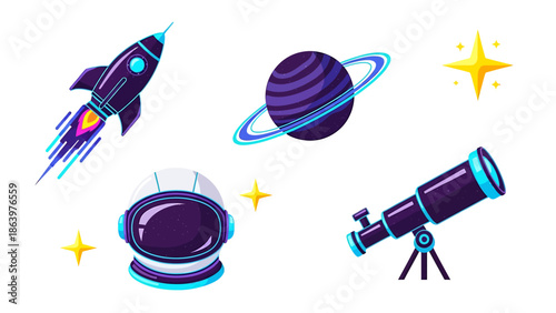 Colorful Space Exploration Vector Illustrations Set Rocket, Planet, Astronaut Helmet, Telescope, and Stars for Cosmic Adventures and Astronomy Concepts