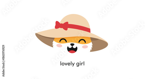 Happy little fox face wearing a large sun hat with a red ribbon and bow against a white background with text.