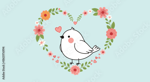 Sweet little white bird sitting inside a beautiful heart shaped floral wreath with green leaves and many pink flowers.