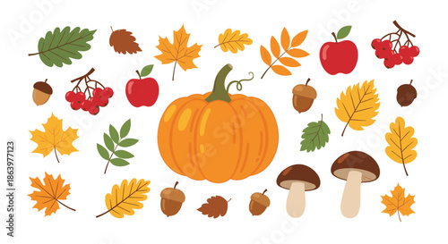 Large set of colorful autumn-themed elements including a big pumpkin, falling leaves, red apples, acorns, mushrooms, and berries.