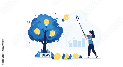 Creative woman using a long net to catch glowing lightbulb fruits from a blue idea tree to represent gathering innovative concepts.
