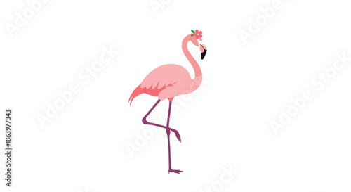 Beautiful pink flamingo bird standing gracefully on one leg with a small pink flower on its head against a white background.