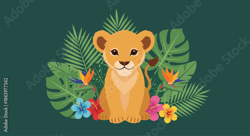 Adorable lion cub sitting peacefully among lush green tropical leaves and colorful exotic flowers in a vibrant jungle setting.