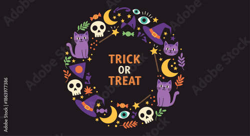 Decorative Halloween wreath design with Trick or Treat text surrounded by skulls, purple cats, witch hats, crescent moons, and stars.