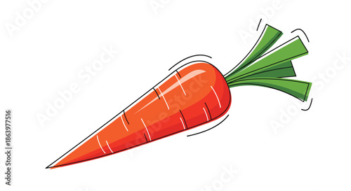 Simple and bright illustration of a fresh orange carrot with green leaves, rendered in a clean cartoon style on a white background.