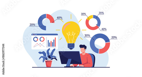 Professional analyst working at a computer with a large glowing light bulb and various data visualization charts for business insight.