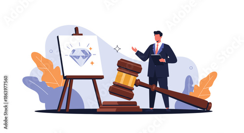 Professional auctioneer standing next to a painting of a sparkling diamond with a large gavel, leading a luxury art or jewelry sale.