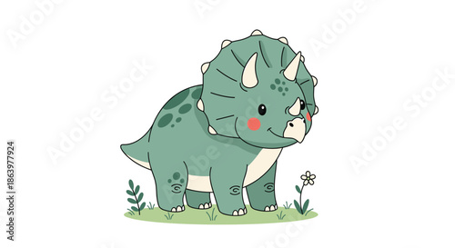 Friendly little triceratops dinosaur standing in a green field with a small white flower, illustrated in a soft cartoon style.