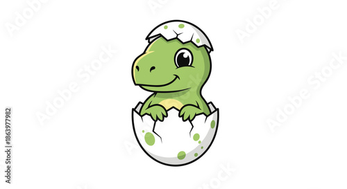 Cute green baby dinosaur hatching from a spotted eggshell in a charming cartoon style for nursery and kid designs.