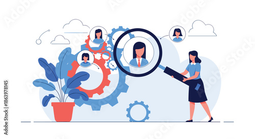 Human resources professional using a magnifying glass to find the best candidate in a complex network of gears.