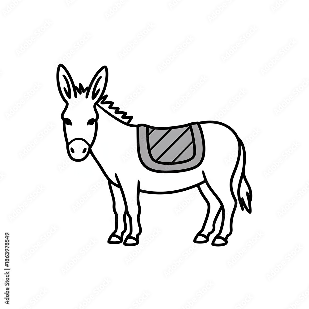 Fototapeta premium Cute donkey with saddle standing alone in simple illustration